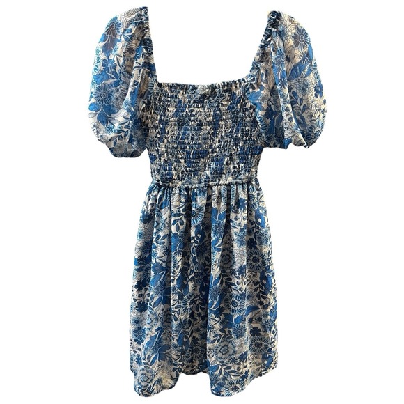Sincerely Jules Dress Blue White Floral Puff Sleeve Twist Front Cottagecore Chic - Picture 5 of 9
